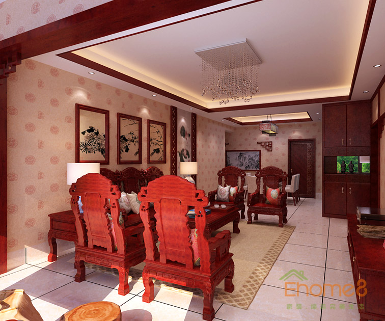66㎡两房一厅中式原木风格客厅沙发装修效果图.jpg