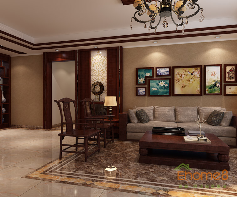 108㎡三房一厅中式风格客厅沙发装修效果图.jpg