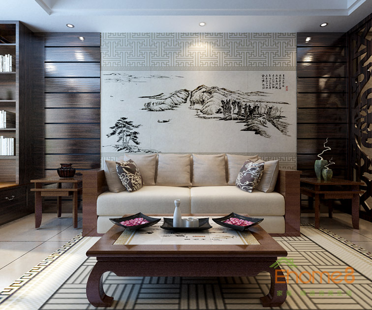 42㎡小户型中式原木风格客厅背景墙装修效果图