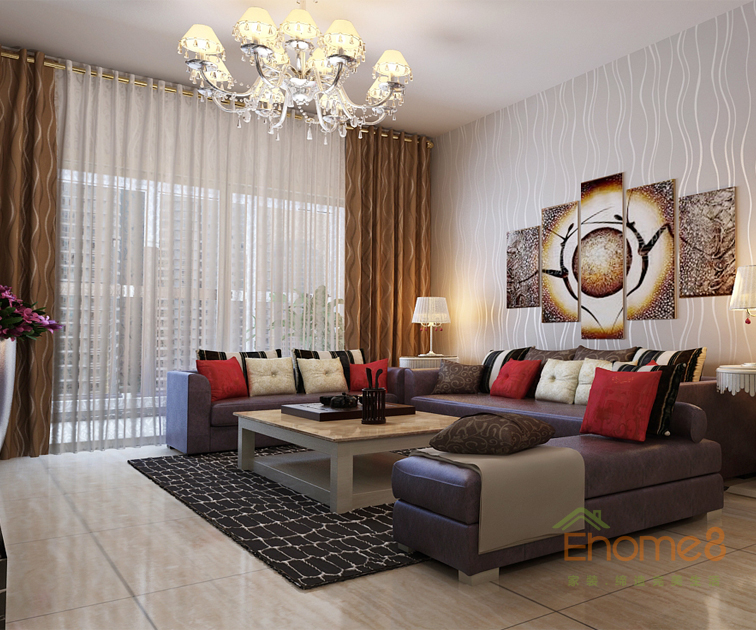 75㎡两房一厅美式风格客厅沙发背景墙装修效果图