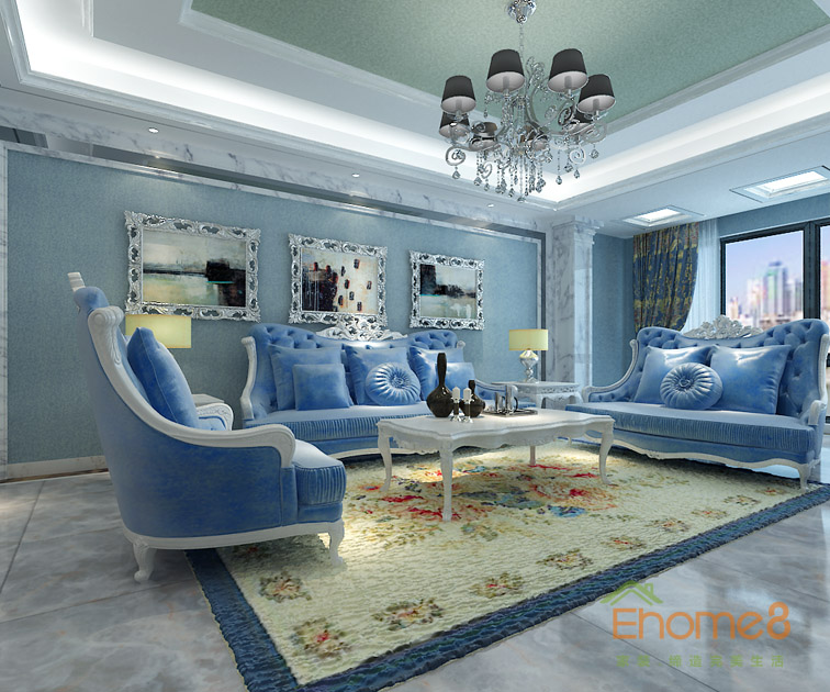 99㎡三房一厅欧式地中海风格客厅沙发背景墙装修效果图
